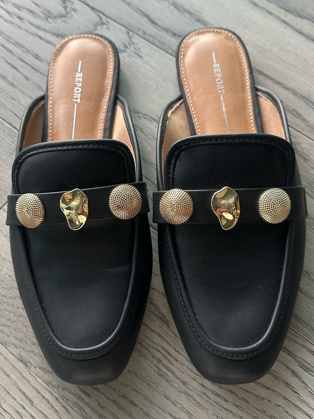Report Black Leather Mule Slides with Gold Medallions